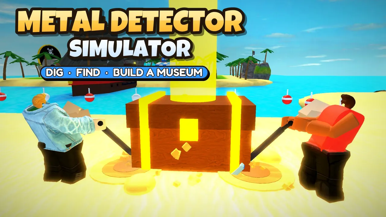 Two players digging up a glowing Big Chest on the beach, under the Metal Detector Simulator title.