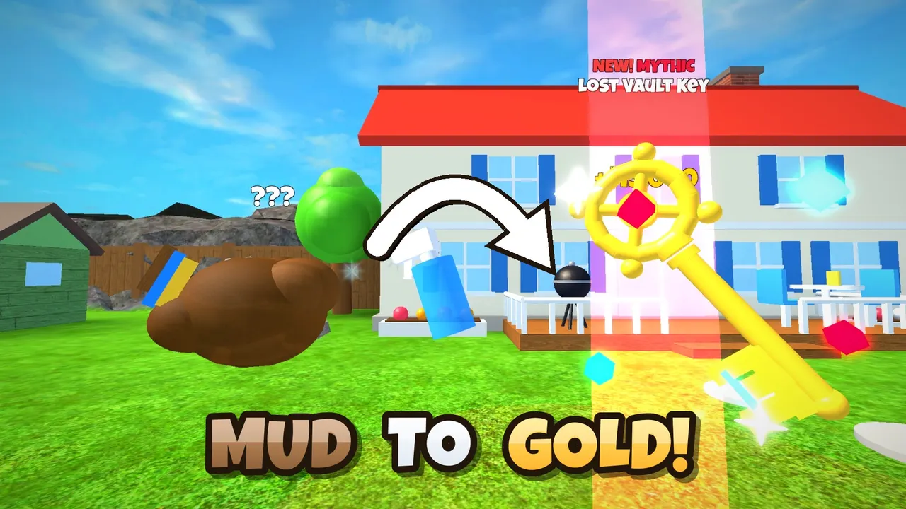 A muddy lump cleaned into a shining Mythic Lost Vault Key.